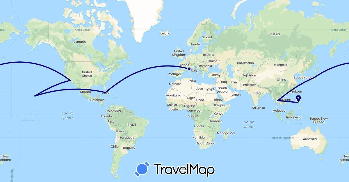 TravelMap itinerary: driving in Cuba, France, Japan, Philippines, Thailand, United States (Asia, Europe, North America)